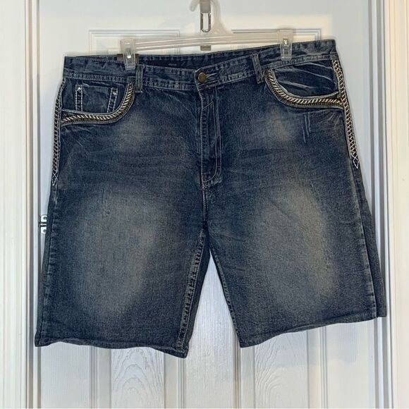 GS115 Mens Jean Shorts Size 42 Bruce Slim Fit Blue Denim Distressed - Picture 1 of 11